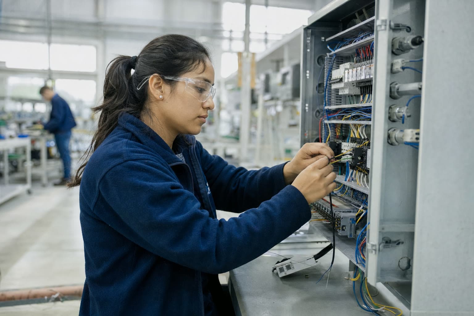Trabalhadora montando componentes elétricos