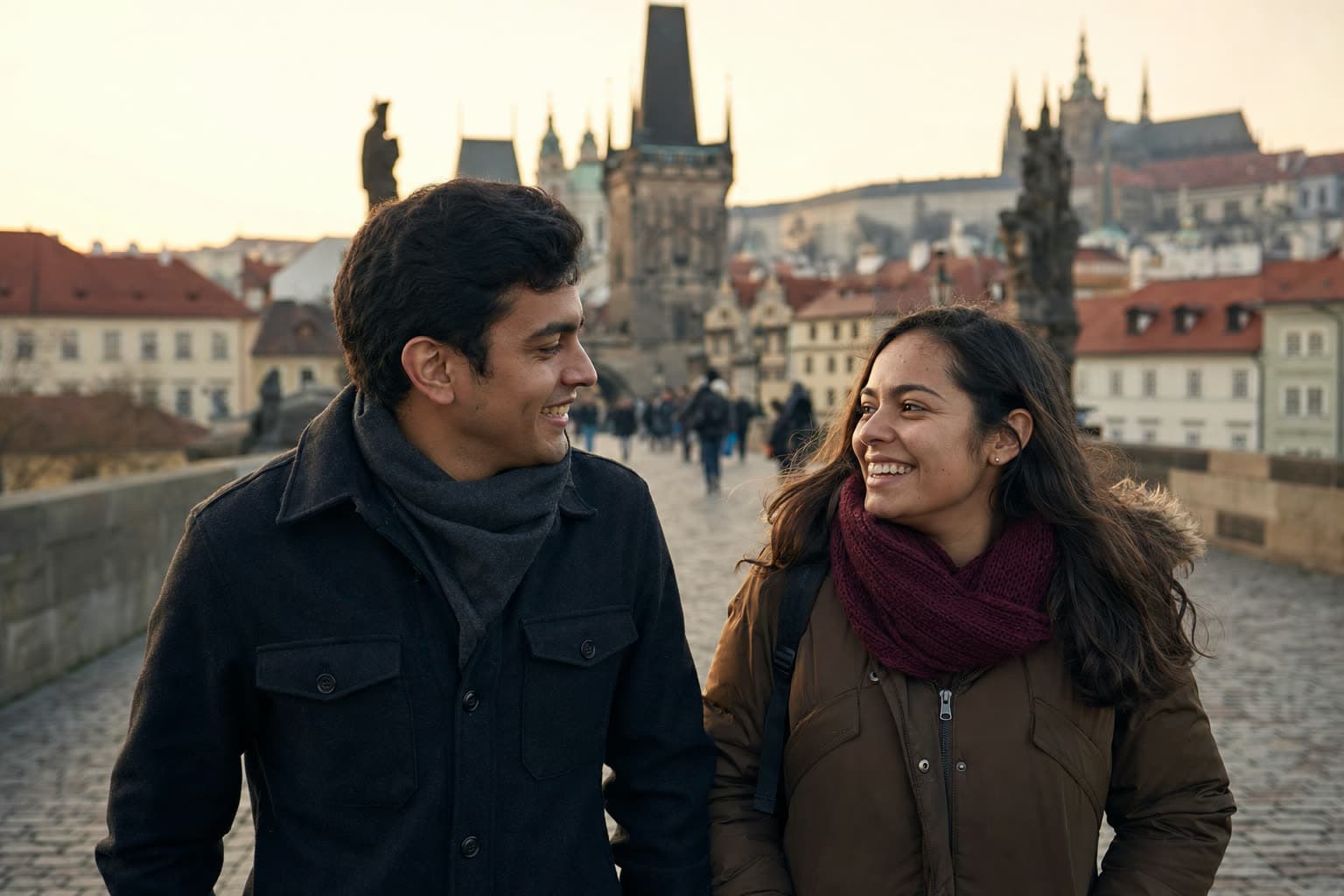 Dois amigos sorrindo na Ponte Carlos, em Praga, ao entardecer