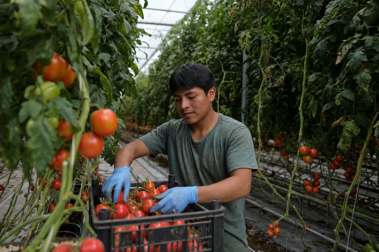 Trabalhador colhendo tomates numa estufa